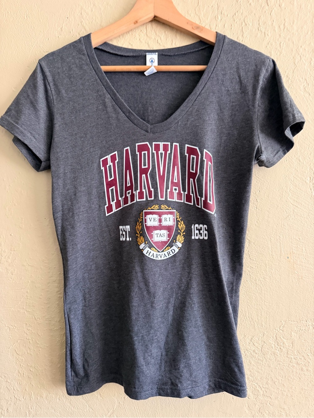 Harvard Women's Gray V-Neck Tee with Crest